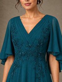 V-Neck Chiffon Lace Mother of the Bride Dress with Flutter Sleeves