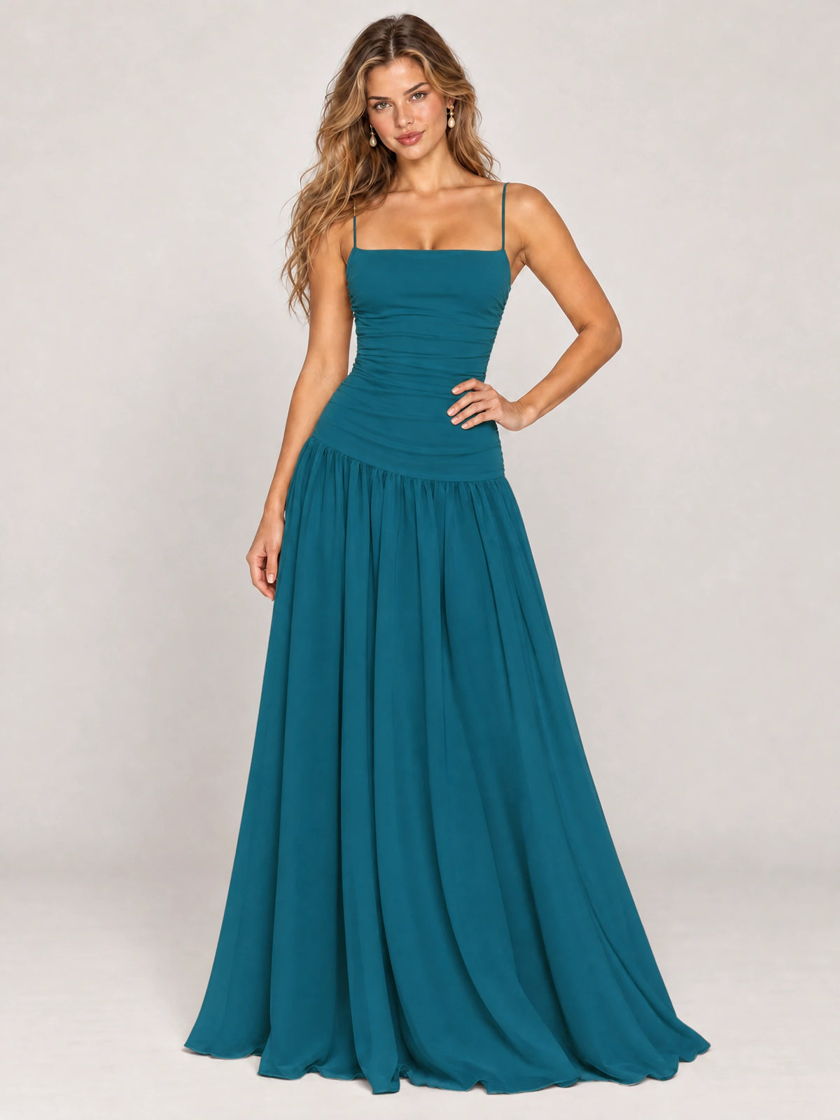 Butter Yellow Ruched Spaghetti Strap Drop-Waist Prom Dress