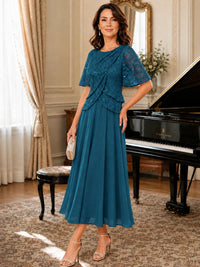Tea-Length Chiffon Mother of the Bride Dress with Sequin Lace Sleeves