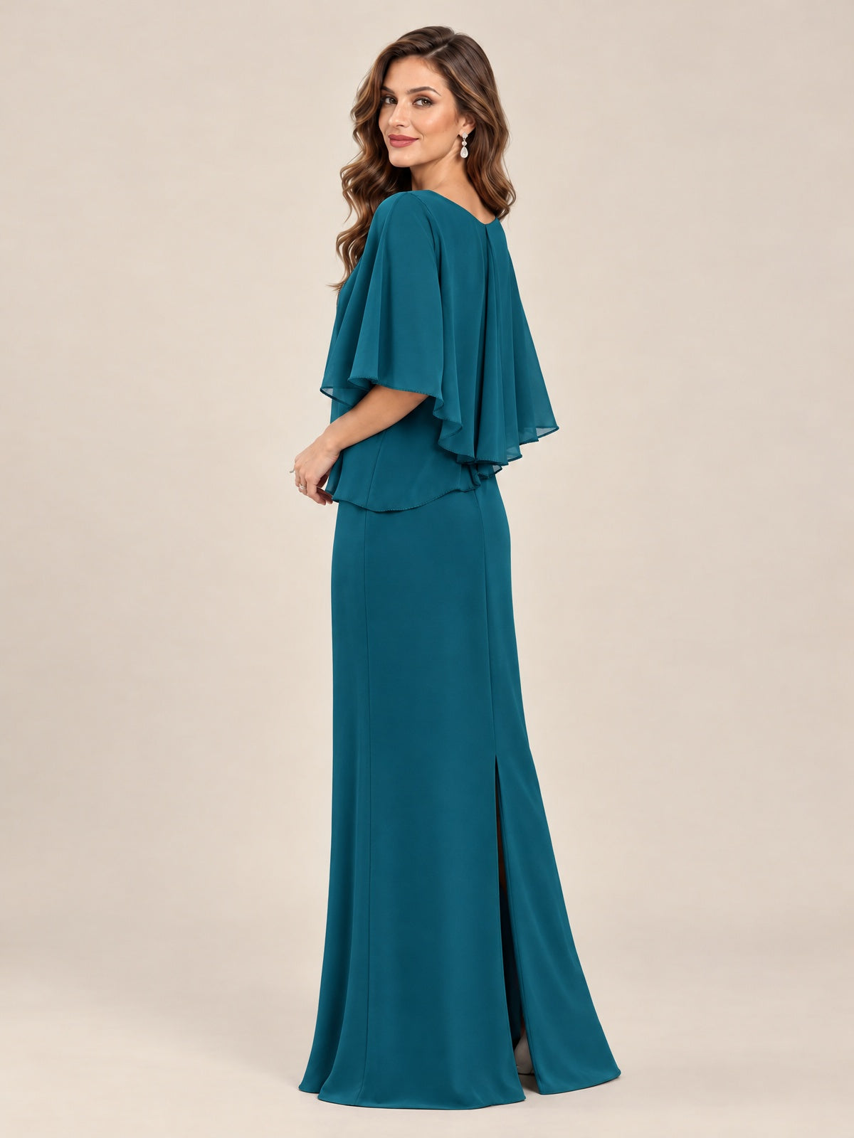Cape Sleeve Mother of the Bride Dress with Asymmetrical Overlay