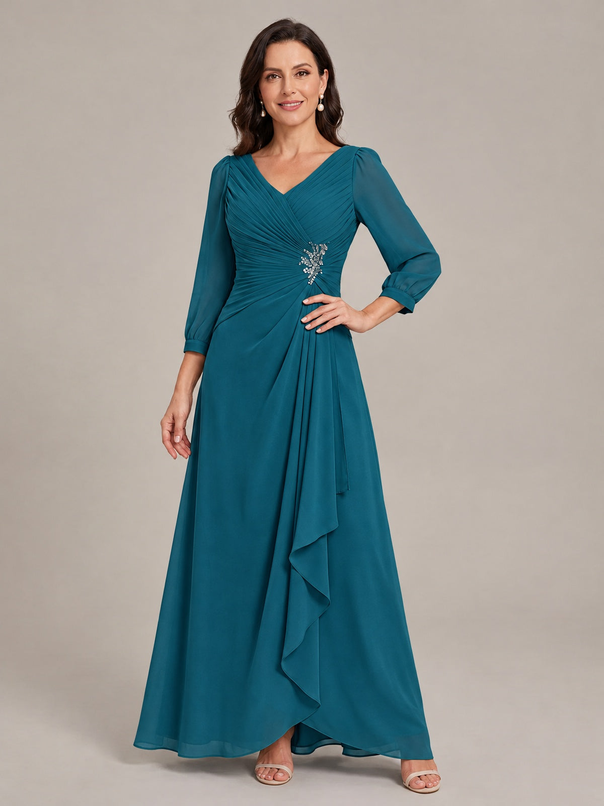 V-Neck Pleated Chiffon Mother of the Bride Dress with Flutter Sleeves
