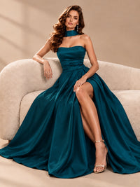 Strapless Prom Dress Side High Slit A-line Formal Dress with Scarf