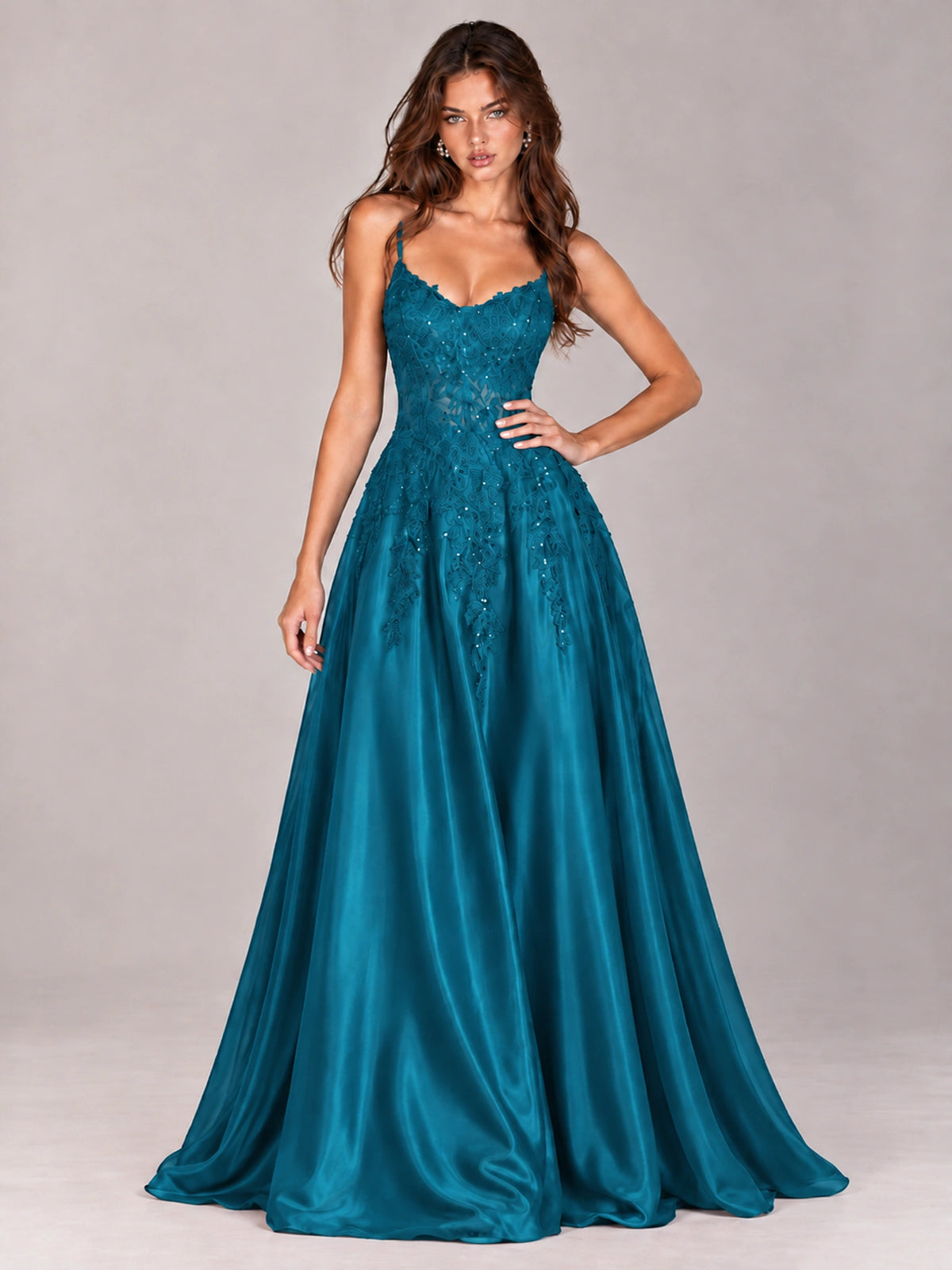 Lace Applique Satin A-Line Prom Dress with Sheer Bodice