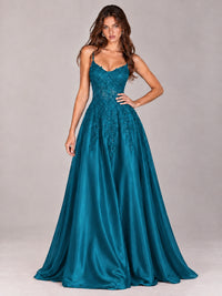 Lace Applique Satin A-Line Prom Dress with Sheer Bodice