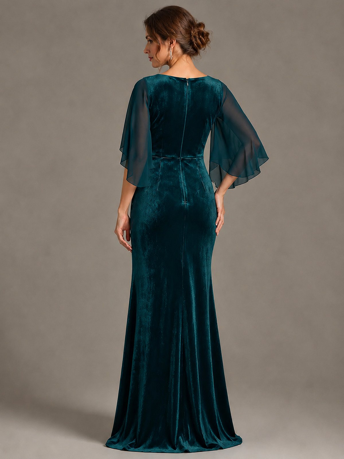 Navy Blue Velvet V Neck Mermaid Formal Dress with Flutter Cape Sleeves