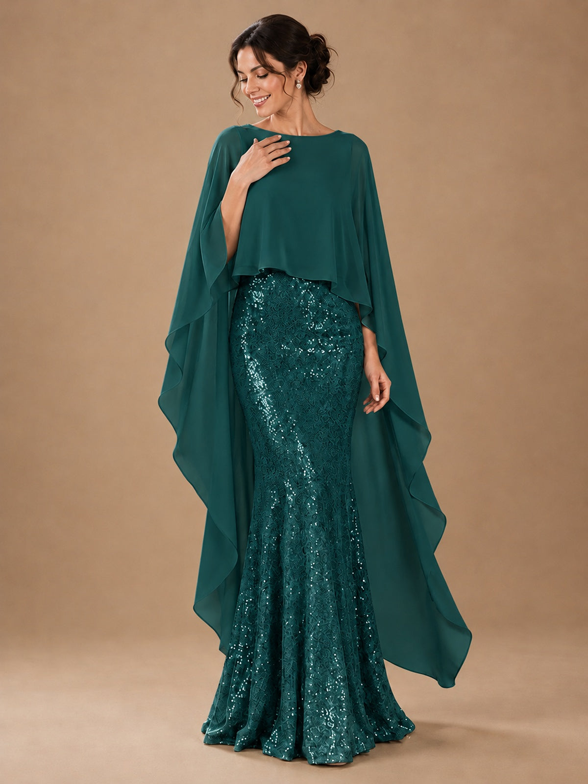Sequin 2 Pieces Mother of the Bride Dress with Cap Sleeves Chiffon Formal Gowns
