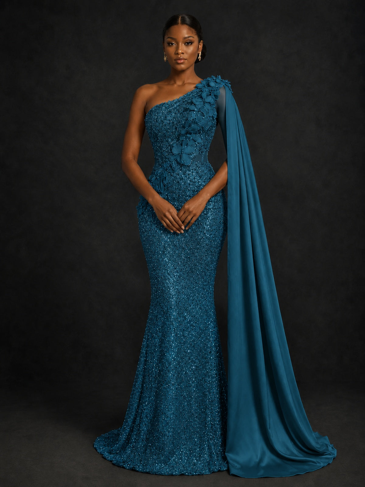 Gold Sequin One Shoulder Mermaid Prom Dress with Cape