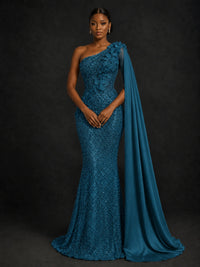 Gold Sequin One Shoulder Mermaid Prom Dress with Cape