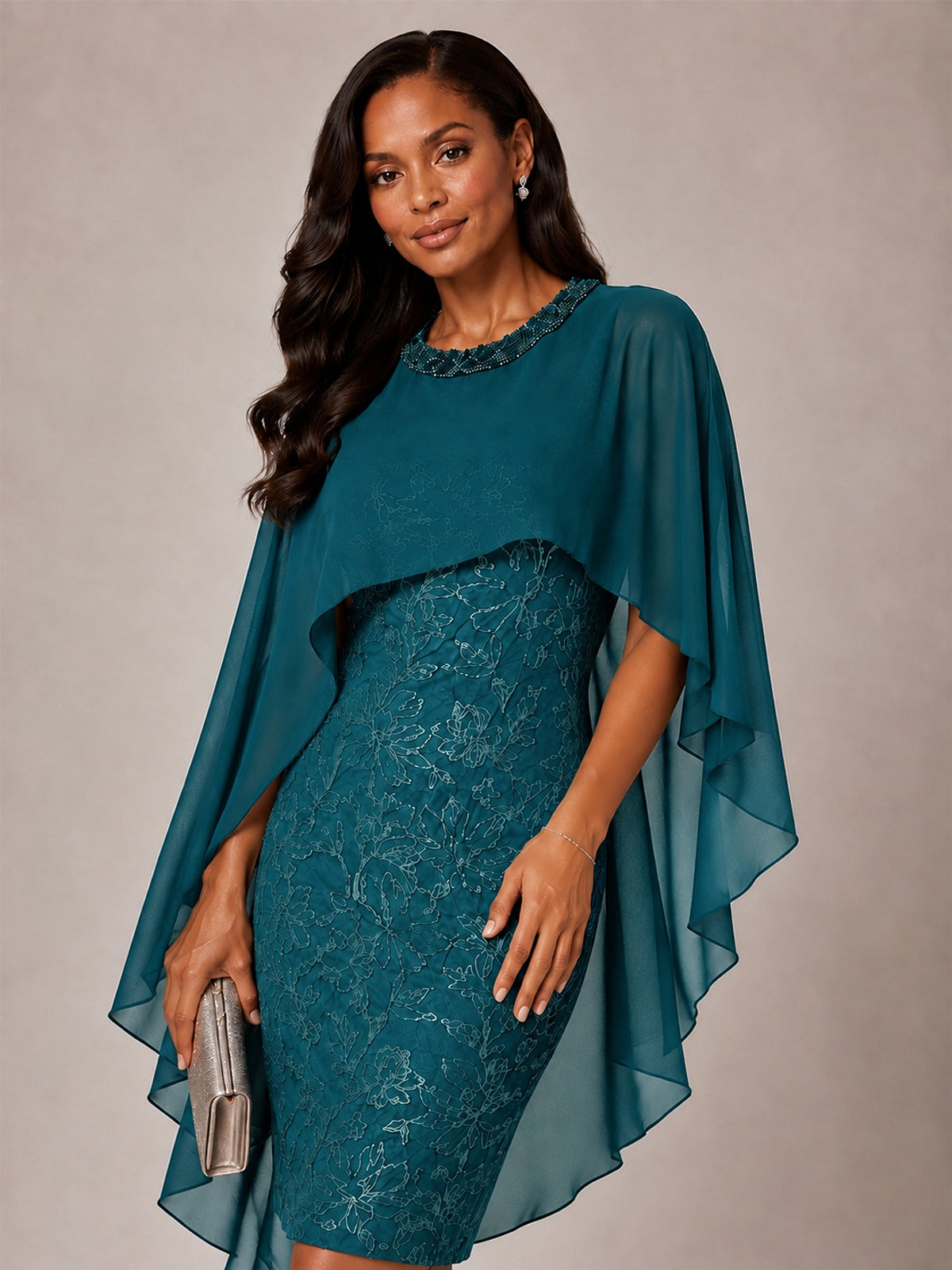Floral Sheath Mother of the Bride Dress with Cape Overlay