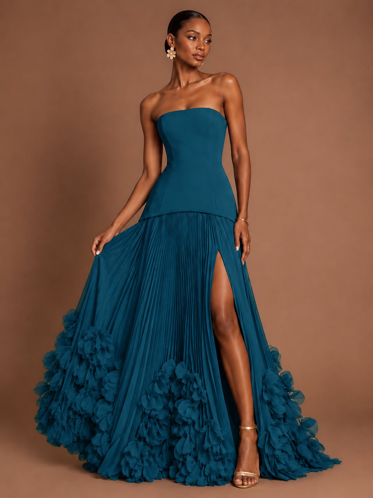 Strapless Pleated Floral Satin Formal Dress with Side Slit