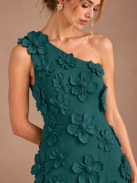 Sage Green One Shoulder Satin Formal Maxi Dress with 3D Floral