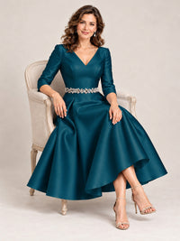 V-Neck Tea-Length Mother of the Bride Dress with Embellished Waist