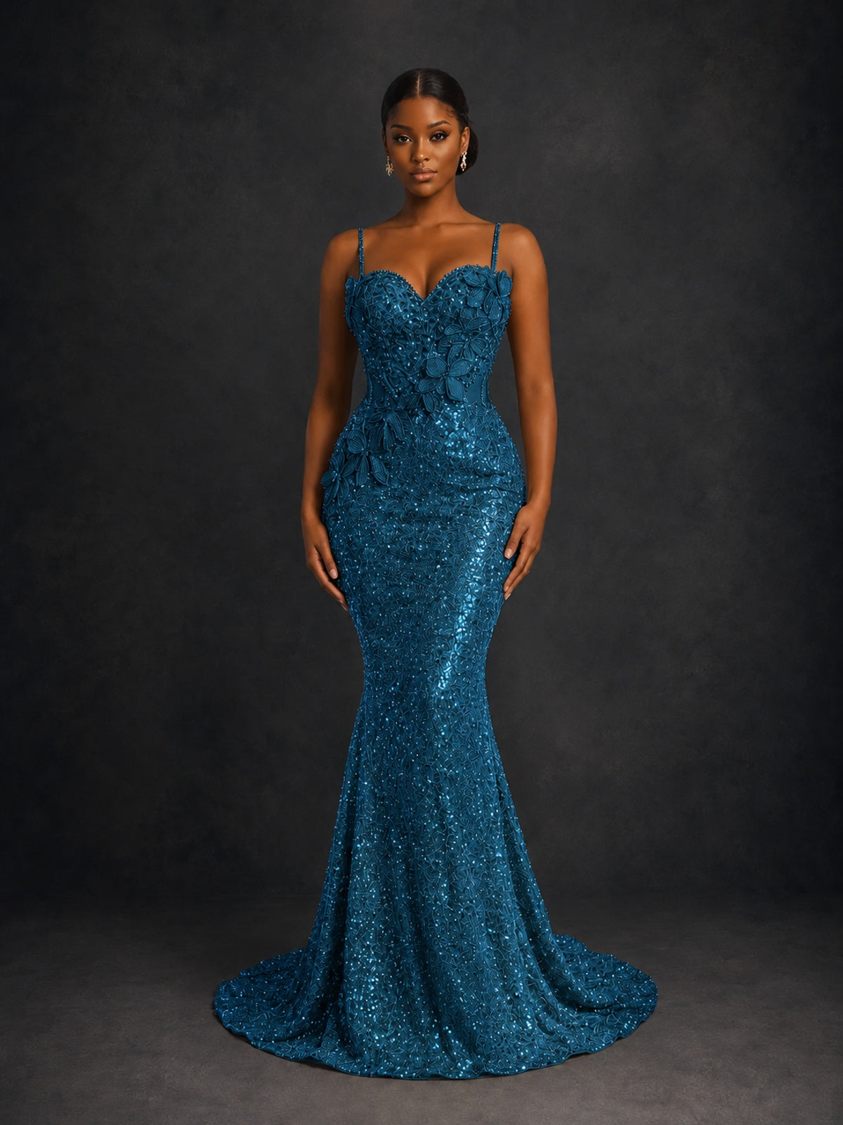 Sequin Mermaid Prom Dress with Floral Applique