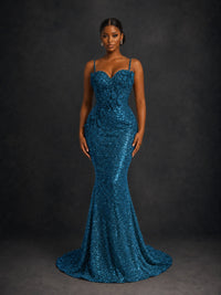 Sequin Mermaid Prom Dress with Floral Applique