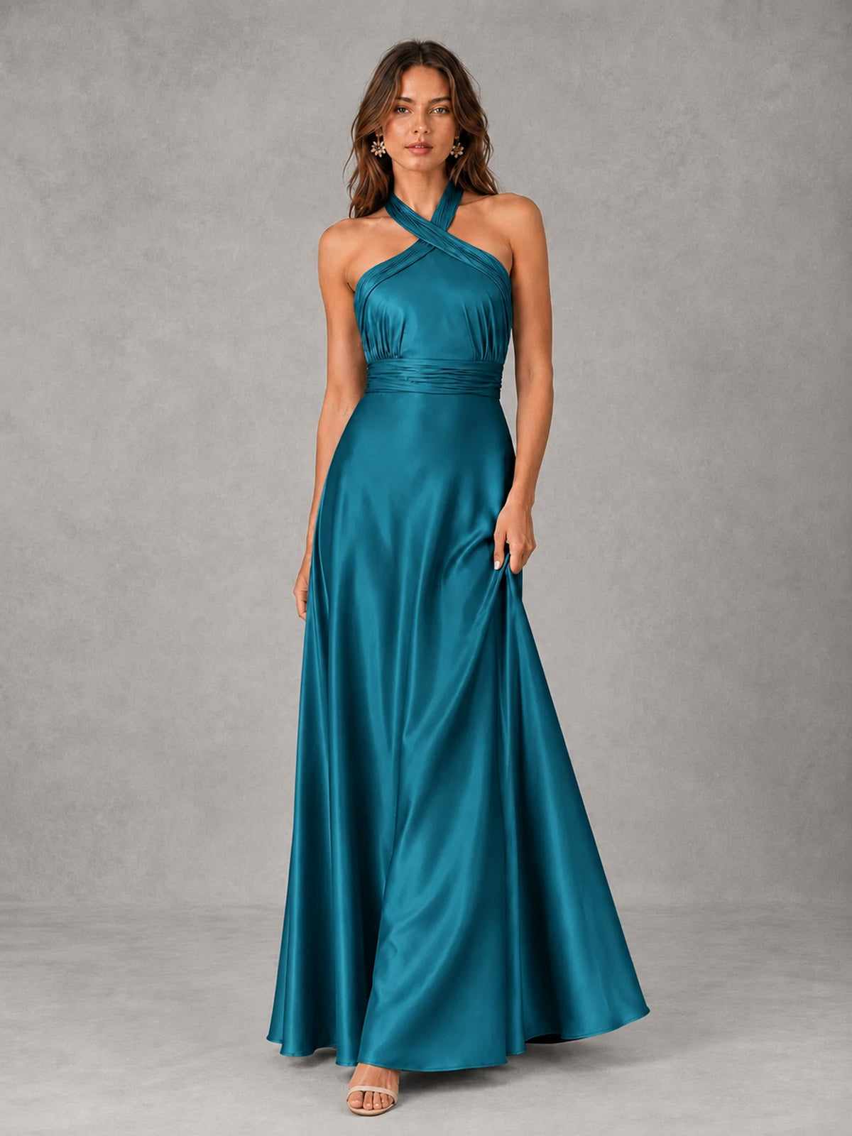 Sage Green Satin A-Line Bridesmaid Dress with Halter Neck