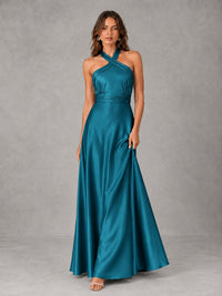 Sage Green Satin A-Line Bridesmaid Dress with Halter Neck