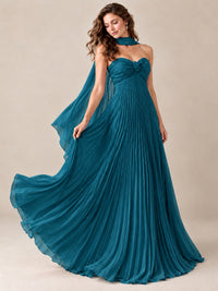 Sweetheart Neckline Pleated Prom Dress Strapless A-line Formal Dress with Flowy Scarf