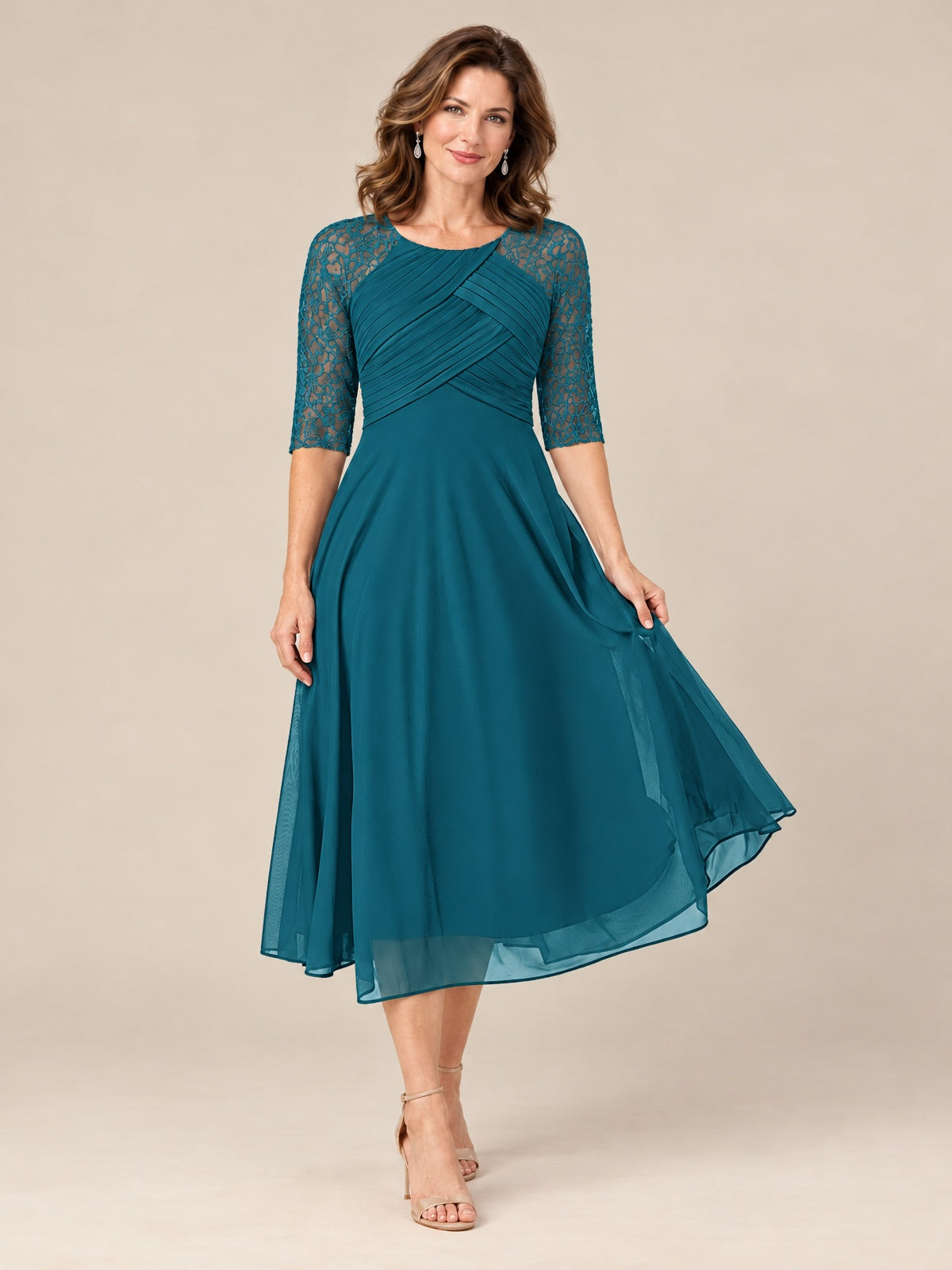Tea-Length Mother of the Bride Dress with Lace 3/4 Sleeves