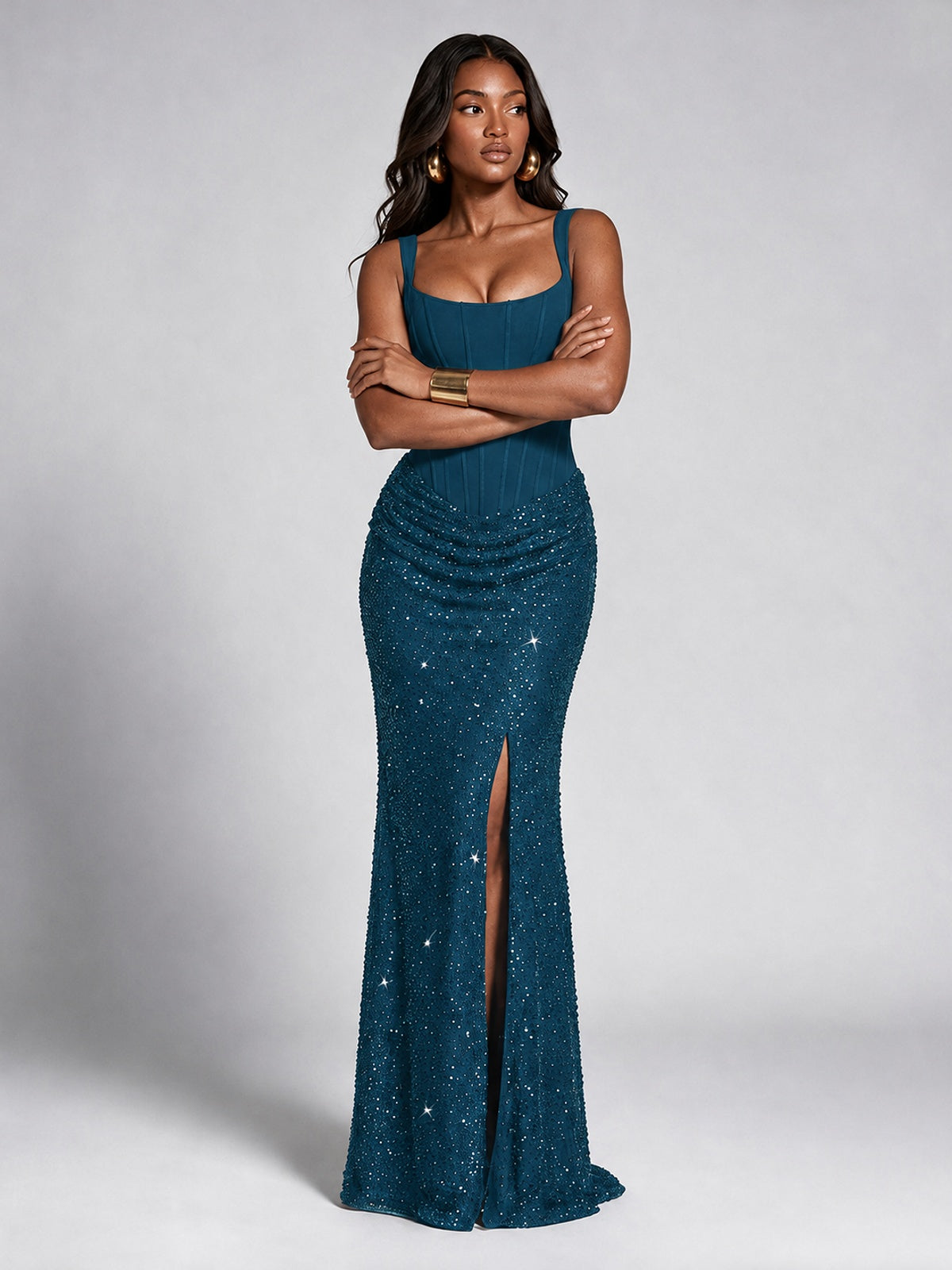 Sequin Corset Mermaid Prom Dress with Square Neck Wide Strap High Slit