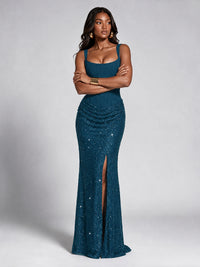 Sequin Corset Mermaid Prom Dress with Square Neck Wide Strap High Slit