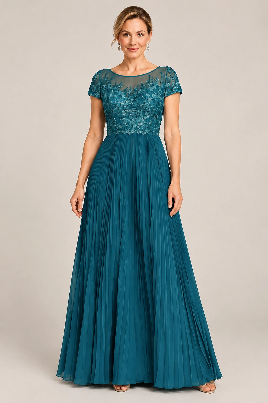 Embroidered Lace Pleated Mother of the Bride Dress