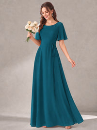 Scoop Neck A-line Chiffon Bridesmaid Dress with Flutter Sleeve & Belt