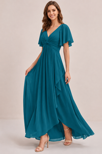 Dusty Blue Chiffon Bridesmaid Dress with Flutter Sleeves & High-Low Hem