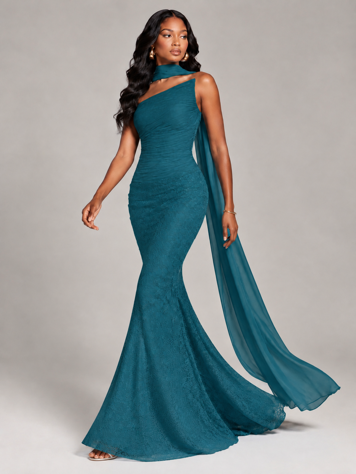Pleated Chiffon Lace Prom Dresses Long Bodycon Mermaid with Scarf