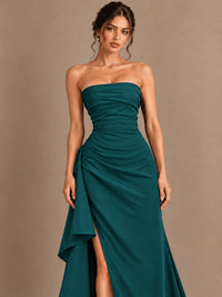 Black and White Strapless Ruched Prom Dress with High Slit & Side Drape
