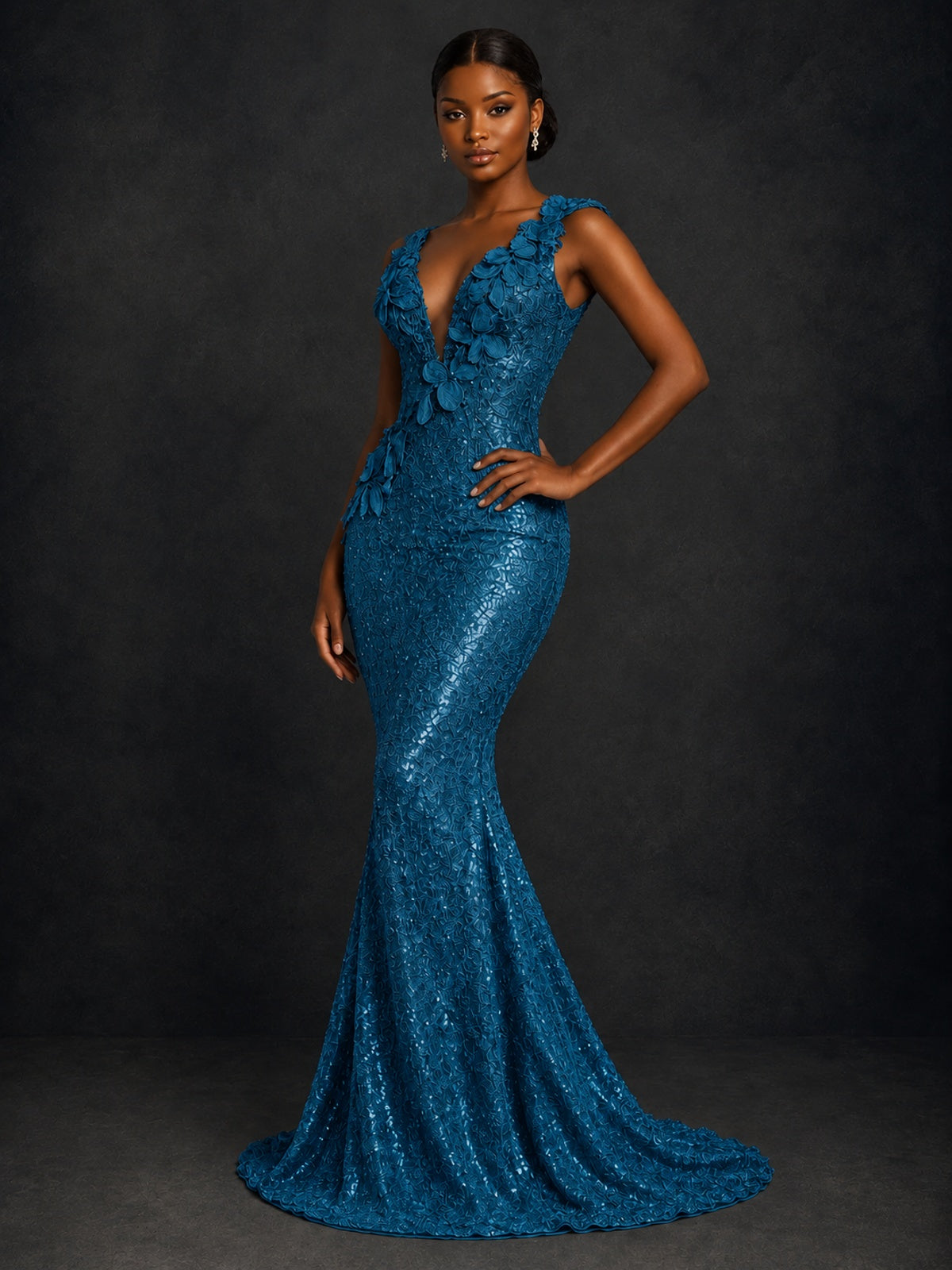 Gold Sequin Floral Applique Mermaid Prom Dress