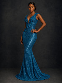 Gold Sequin Floral Applique Mermaid Prom Dress