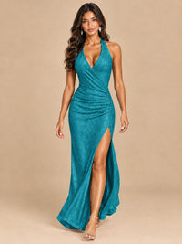 Halter V-Neck Sequin Mermaid Prom Dress with High Slit