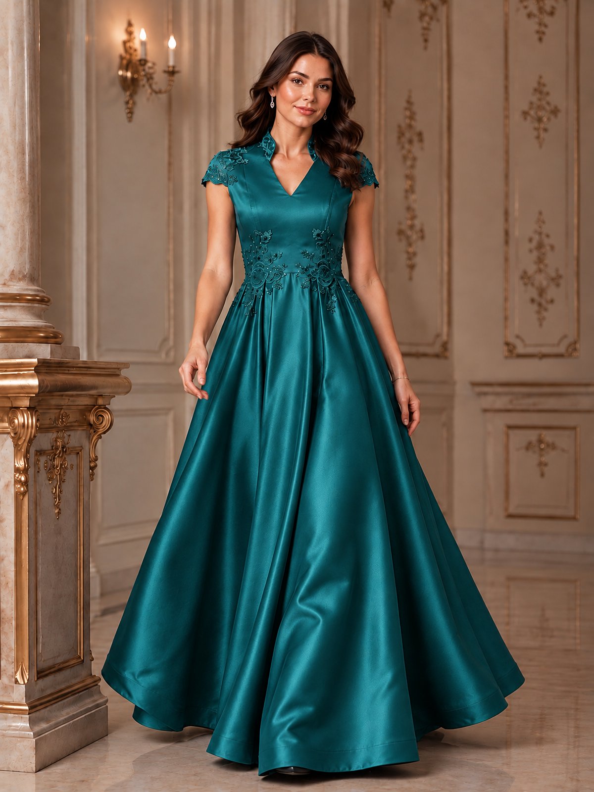 Lace Appliqué A-Line Satin Maxi Dress
