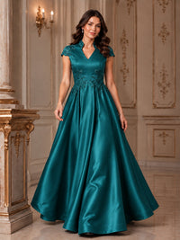 Lace Appliqué A-Line Satin Maxi Dress