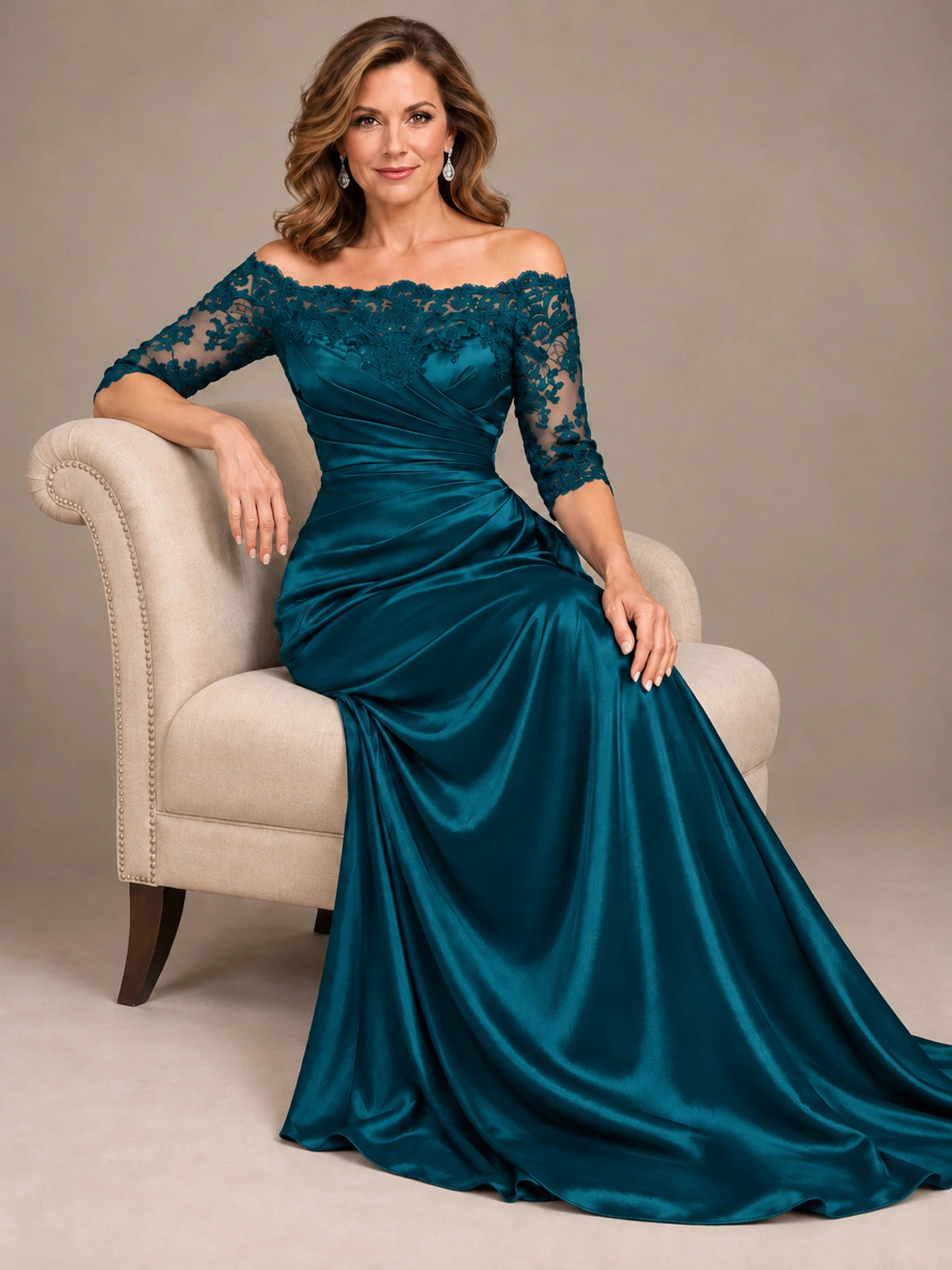 Satin Mother of the Bride Dress with Lace Sleeves Off Shoulder Formal Gown