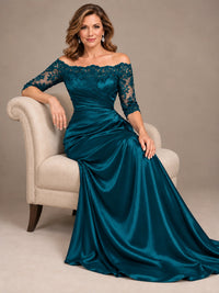Satin Mother of the Bride Dress with Lace Sleeves Off Shoulder Formal Gown