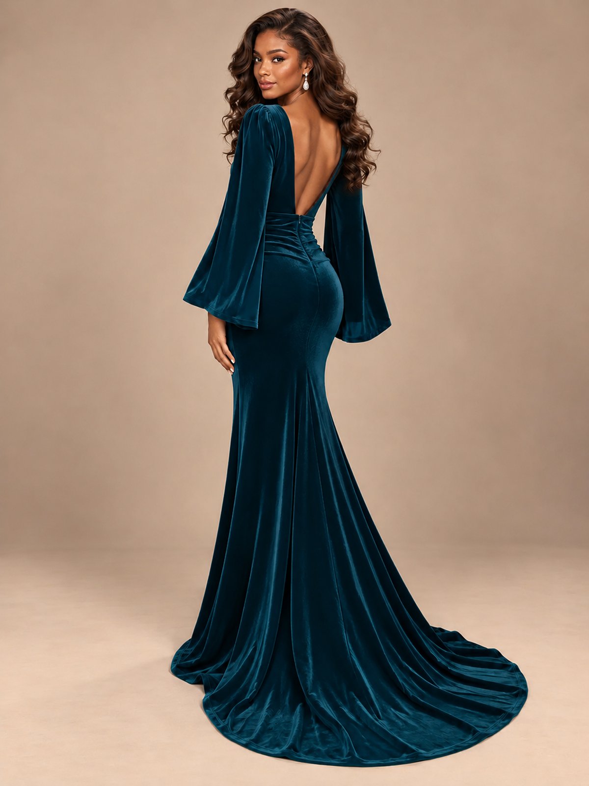 Burgundy Velvet Deep V-Neck Ruched Long Sleeve Maxi Dress