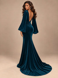 Burgundy Velvet Deep V-Neck Ruched Long Sleeve Maxi Dress