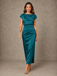 Cowl Neck Satin Mother of the Bride Dress with Ruched Waist