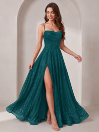 Sparkly Cowl Neck Corset Long Prom Dress with Slit A-line Tulle Ball Gown