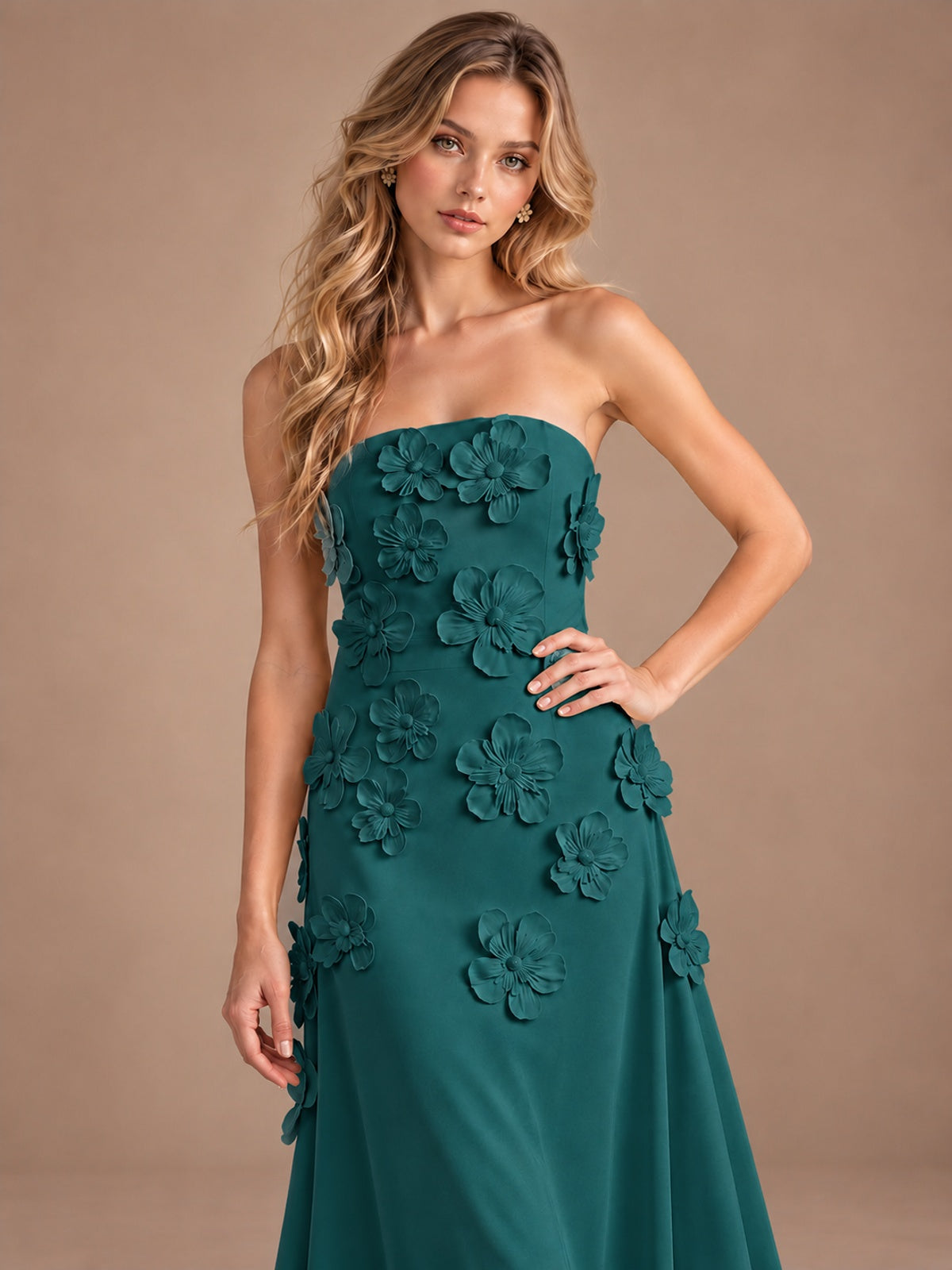 Yellow Strapless A-line Satin Maxi Dress with 3D Floral