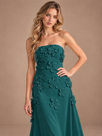 Yellow Strapless A-line Satin Maxi Dress with 3D Floral
