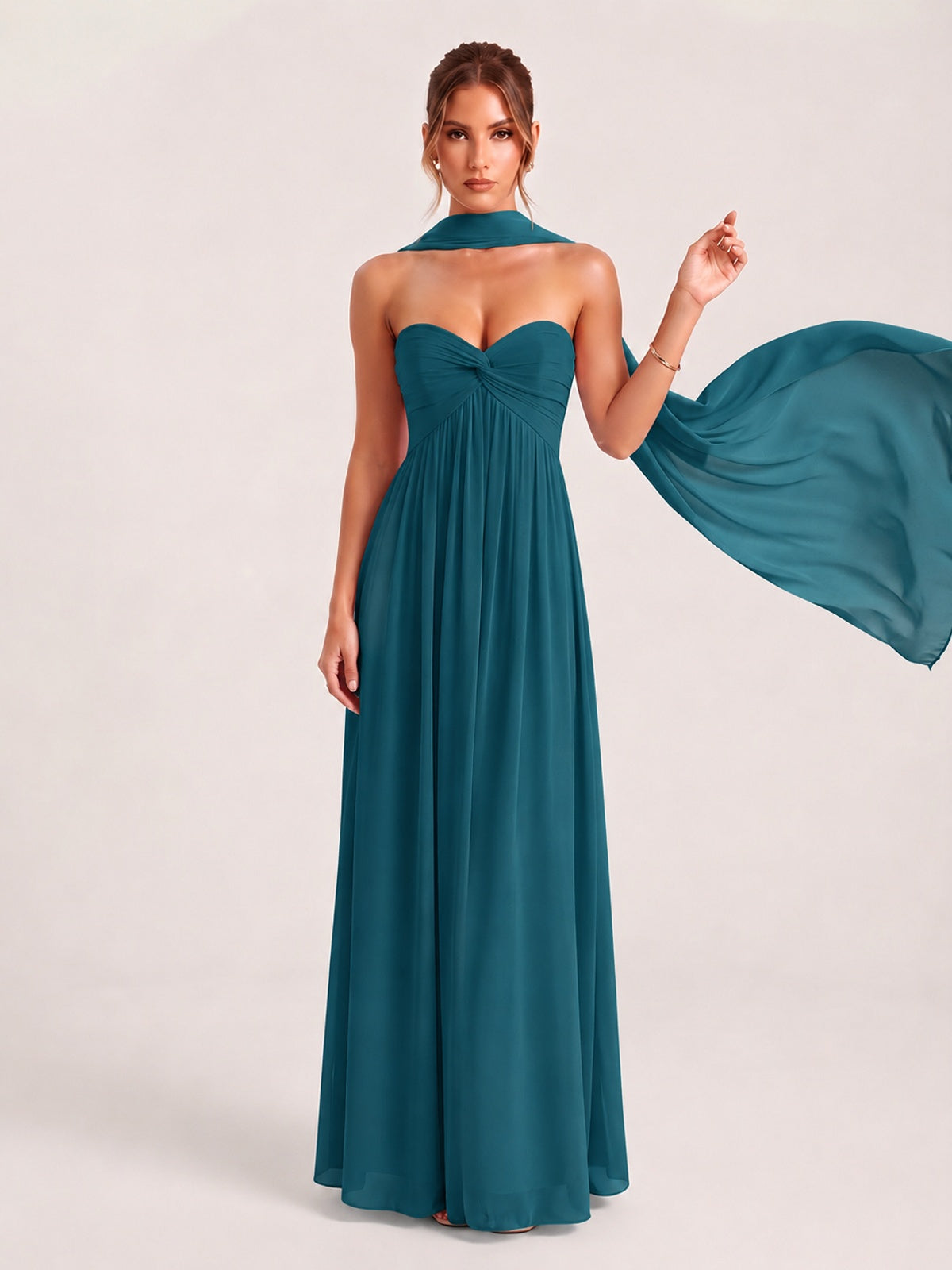 Strapless Ruched Chiffon Long Prom Dress with Scarf
