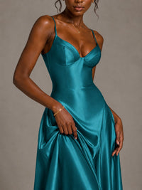 Lavender V Neck Satin Prom Dress with Spaghetti Straps