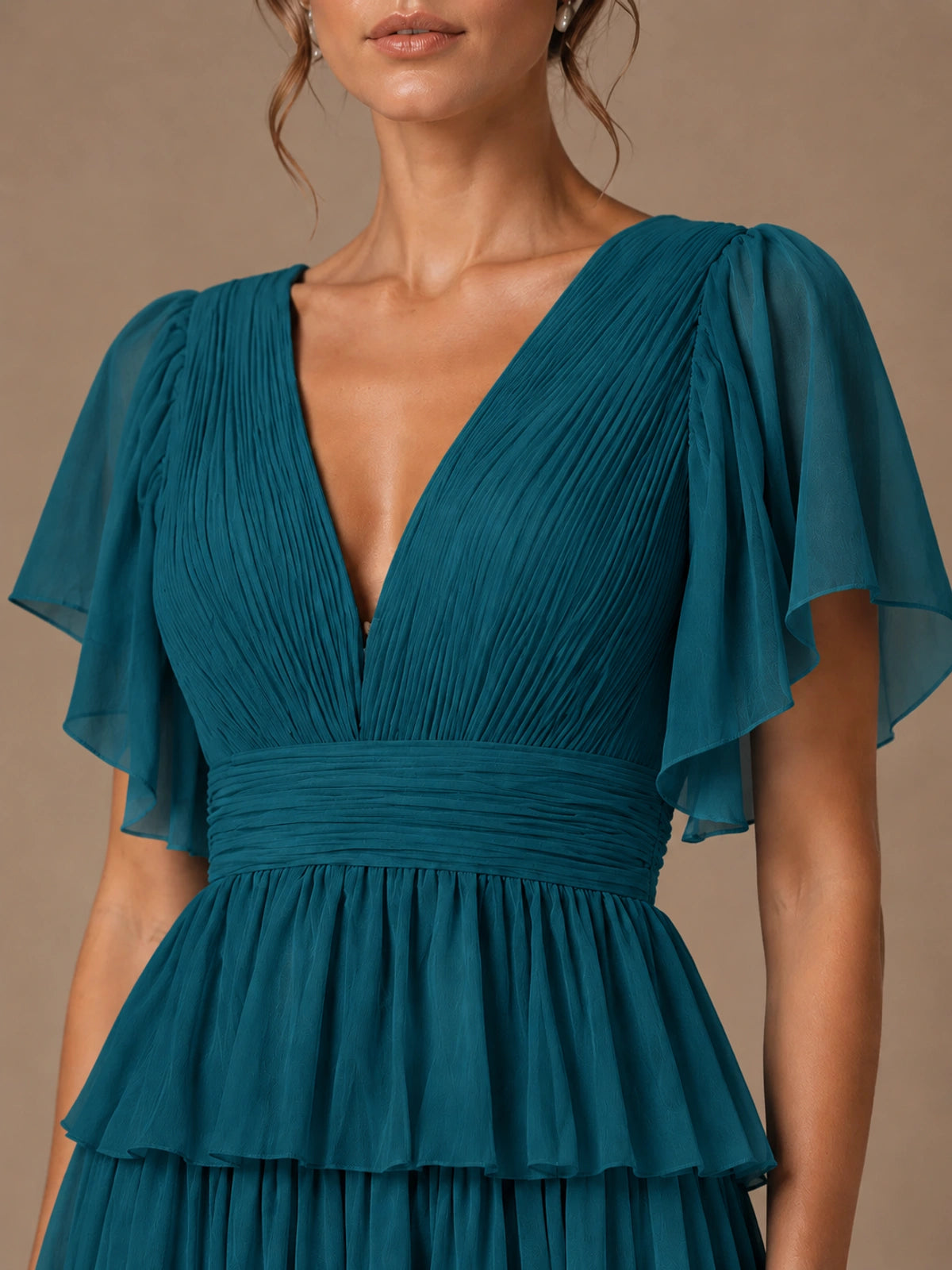 Chiffon V-Neck Tiered Ruffle Bridesmaid Dress with Slit