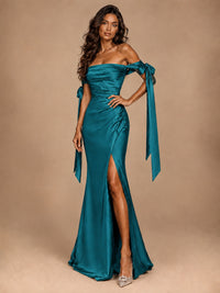 Off The Shuolder Satin Prom Dress Slit Mermaid Formal Gowns