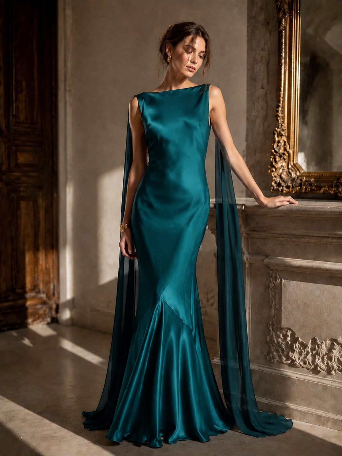 Burgundy Satin Mermaid Cape Maxi Dress