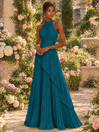Wrap Pleated Prom Dress Halter A-line Chiffon Formal Wedding Dress