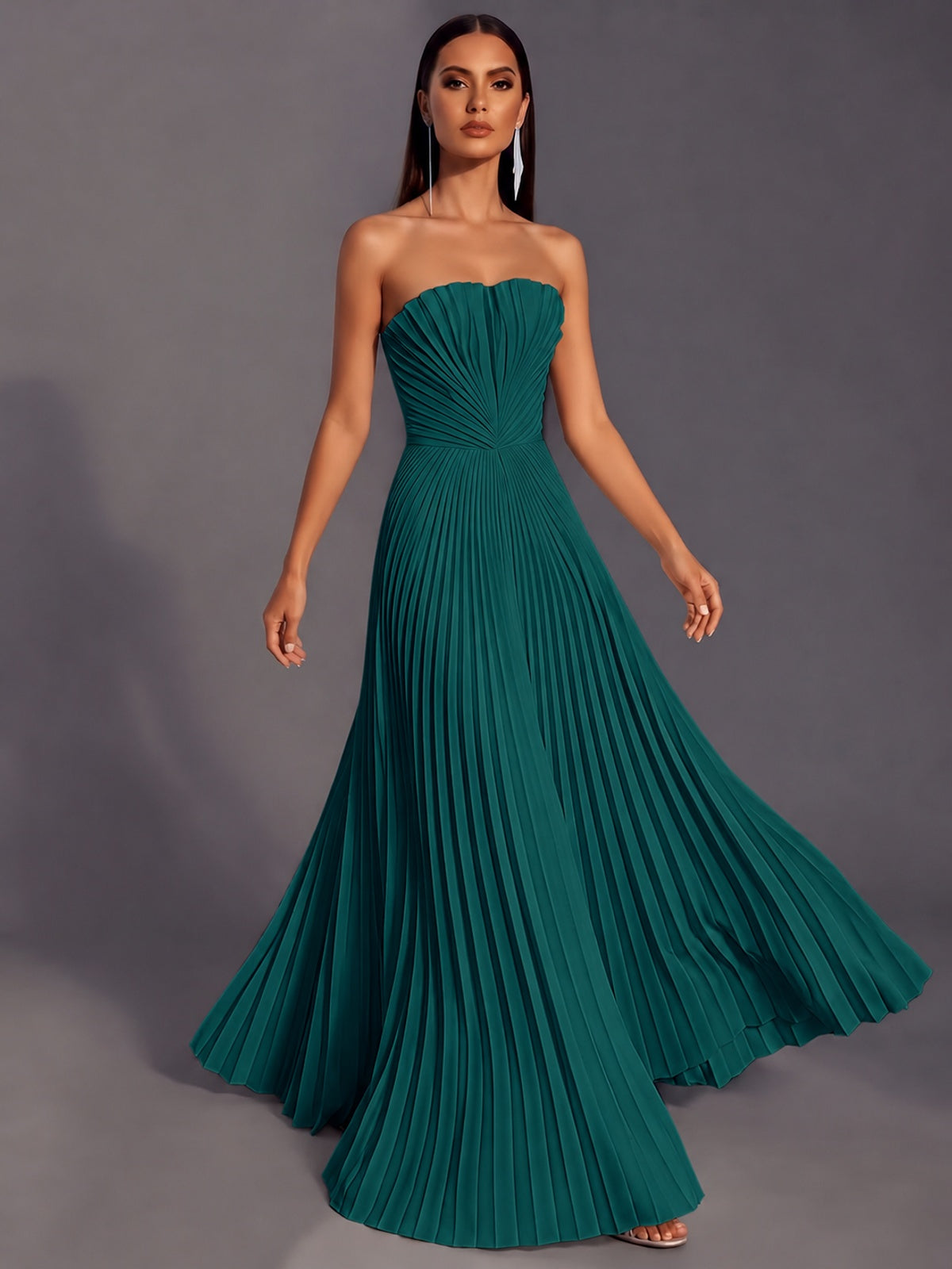 Strapless A-line Long Pleated Satin Prom Dress