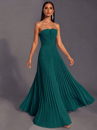 Strapless A-line Long Pleated Satin Prom Dress